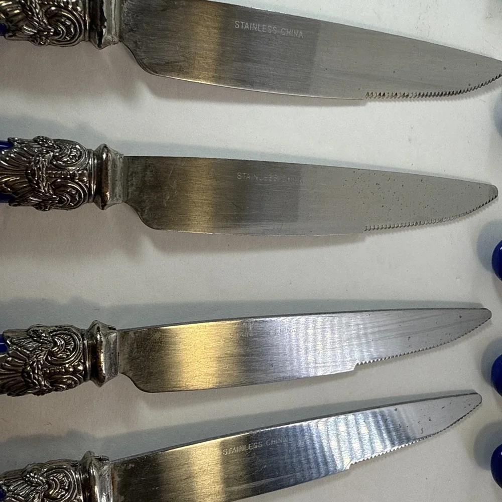 Vtg Blue Marbled Swirl Acrylic Handle Silverware Stainless Flatware Forks Spoons